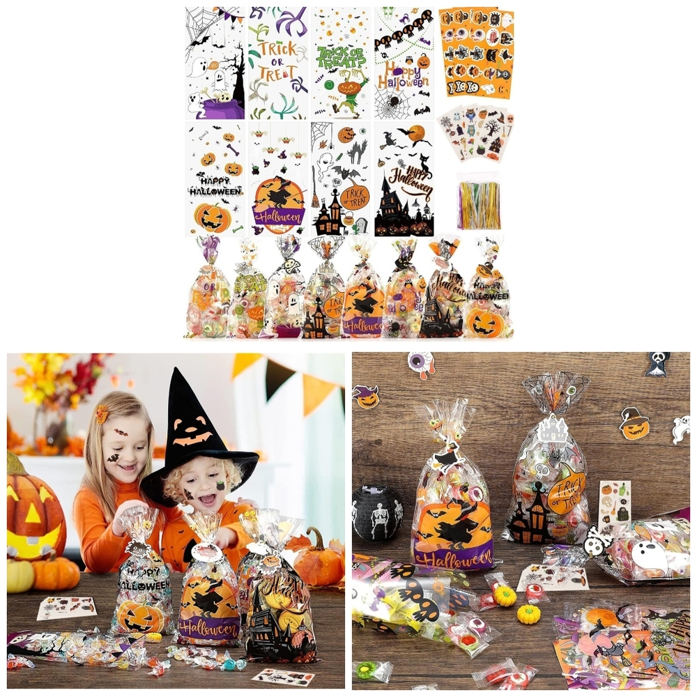 🎃 100 Bags Halloween Goodies Treat Cellophane Bags Tatoo Stickers Twisters Tags